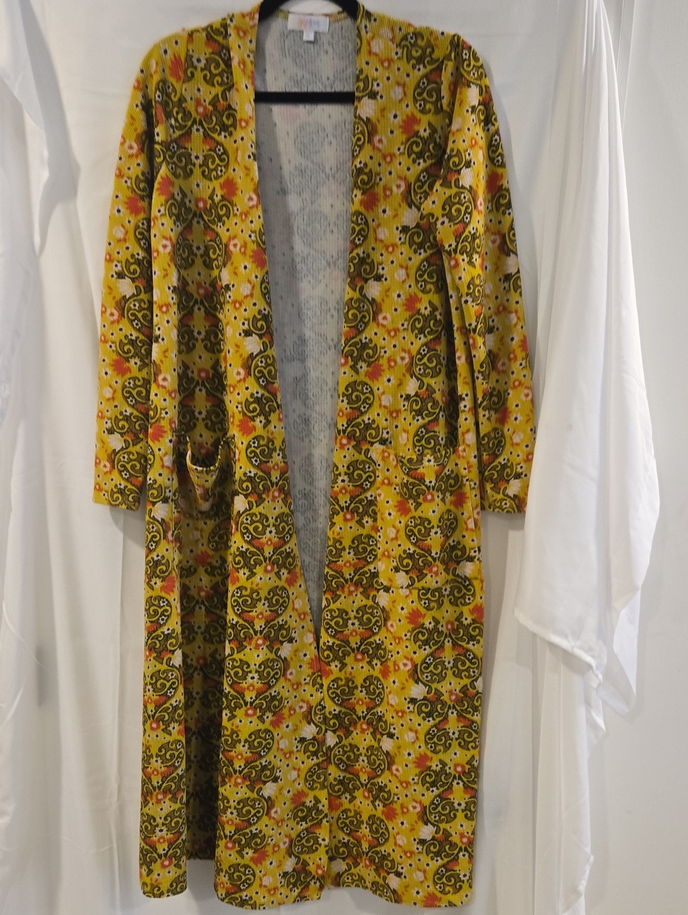 LuLaRoe Joy Longline Cardigan Duster Mustard Floral Paisley Print Size M